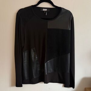 DKNY Women's Black Long Sleeve Top with Leather Accents